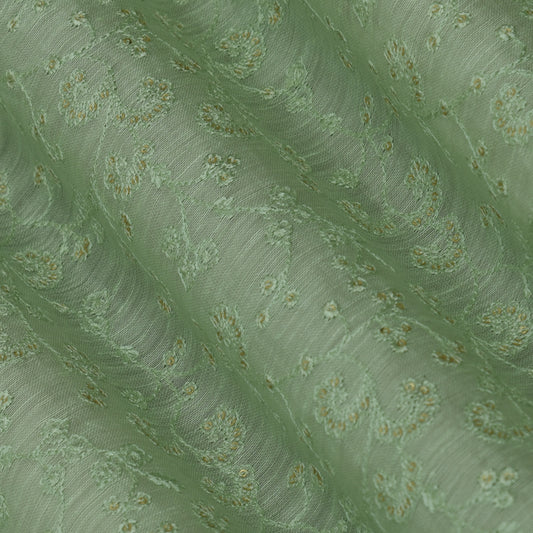 Pista Green Color Noil Silk Embroidery Fabric