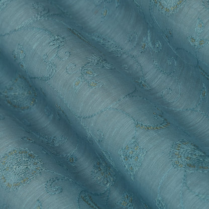 Sky Blue Color Noil Silk Embroidery Fabric