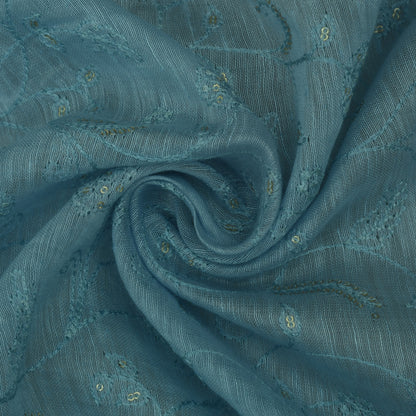 Sky Blue Color Noil Silk Embroidery Fabric