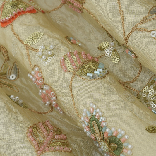 Beige Color Tissue Embroidery Fabric