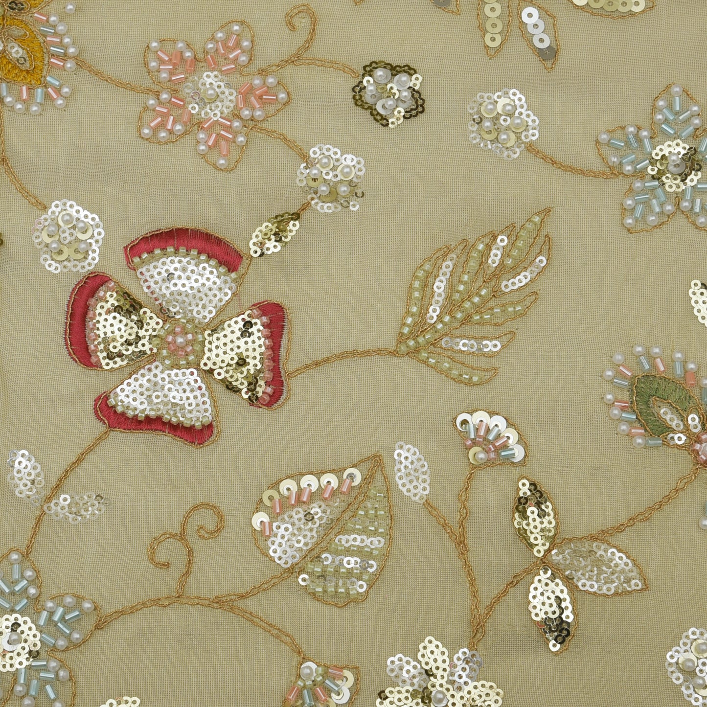 Beige Color Tissue Embroidery Fabric