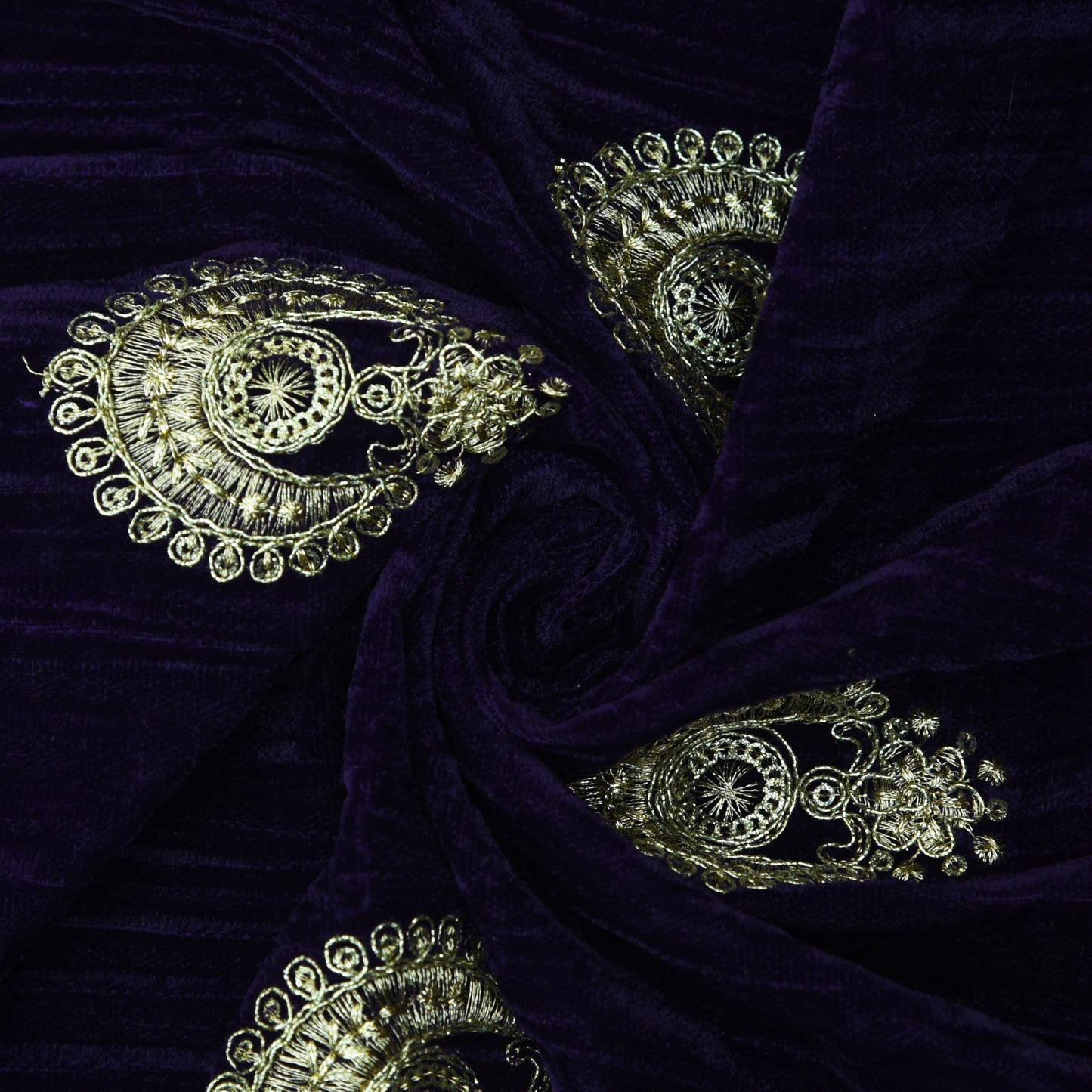 Eggplant Purple Color Crush Velvet Border Embroidery Fabric