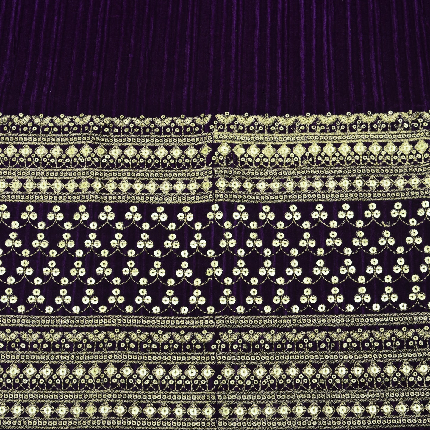 Eggplant Purple Color Crush Velvet Border Embroidery Fabric