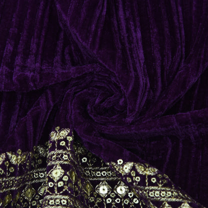 Eggplant Purple Color Crush Velvet Border Embroidery Fabric