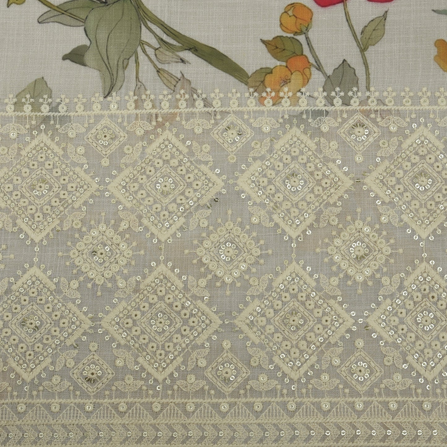 Linen Border Print Embroidery Fabric