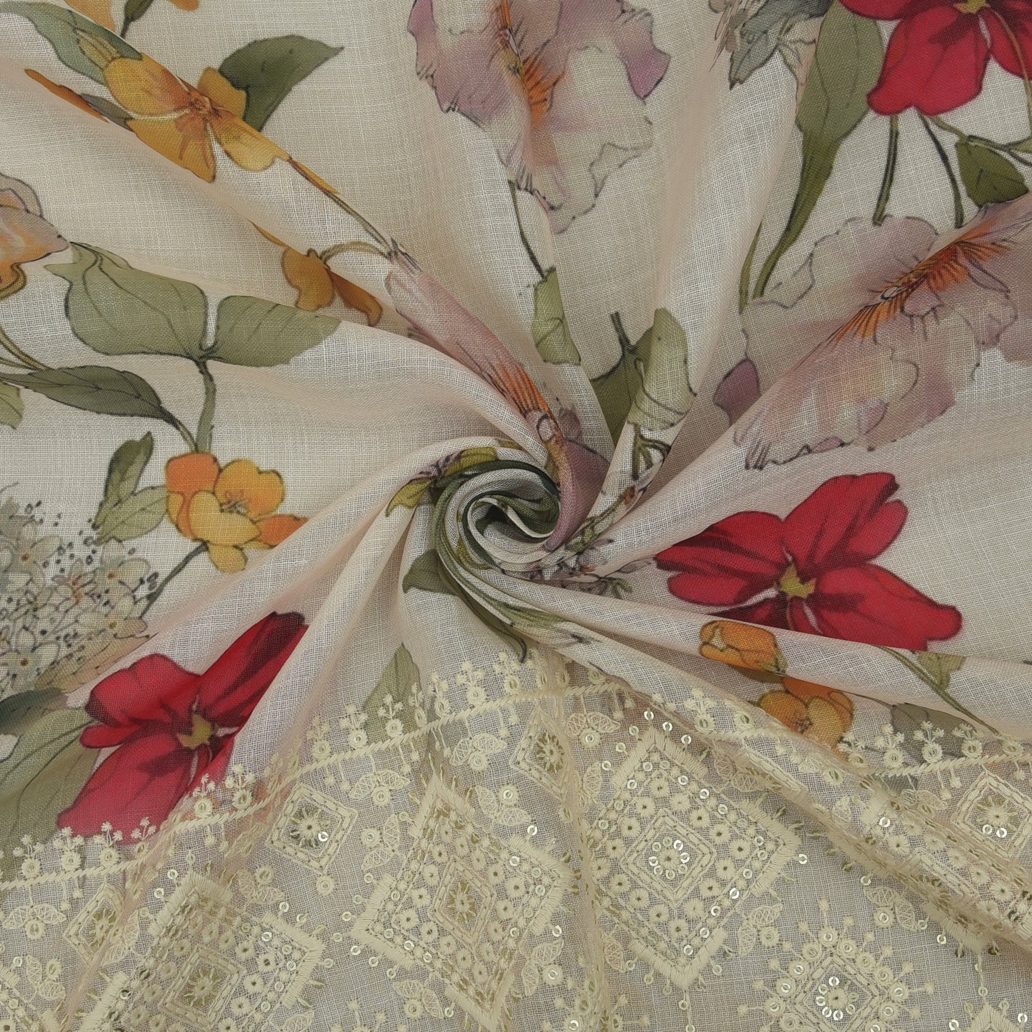 Linen Border Print Embroidery Fabric