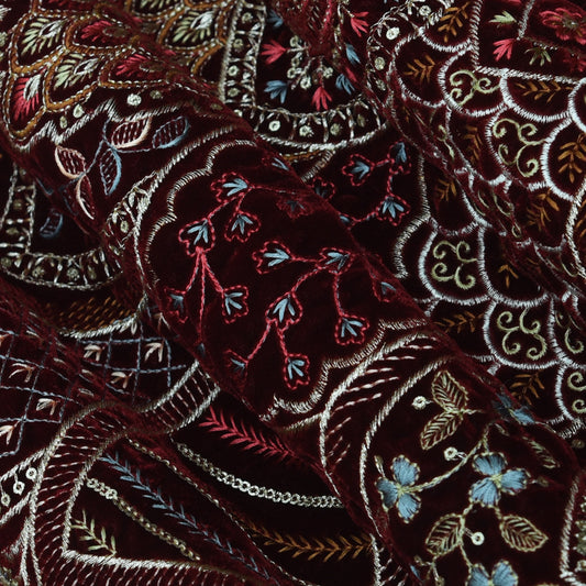 Maroon Color Velvet Embroidery Fabric