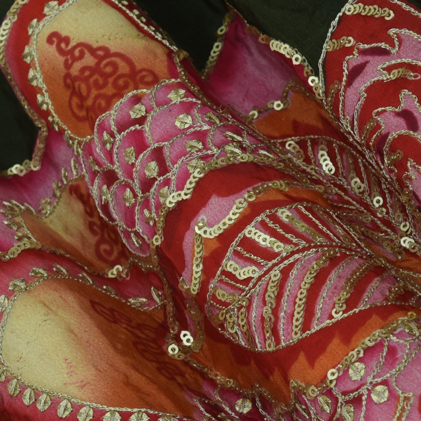 Green Color Crepe Position Print Embroidery Fabric