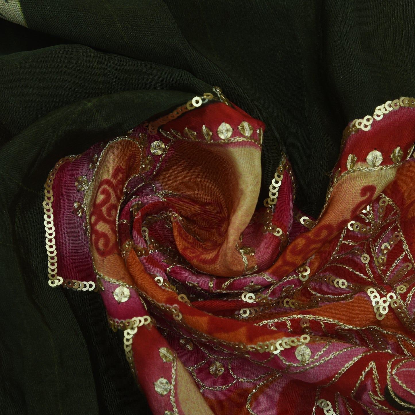 Green Color Crepe Position Print Embroidery Fabric