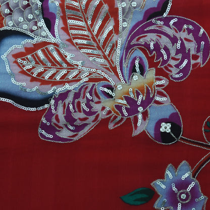 Red Color Crepe Position Print Embroidery Fabric