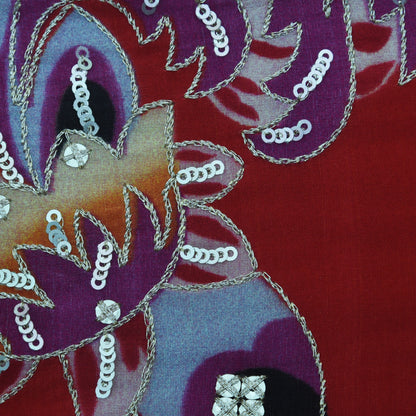 Red Color Crepe Position Print Embroidery Fabric