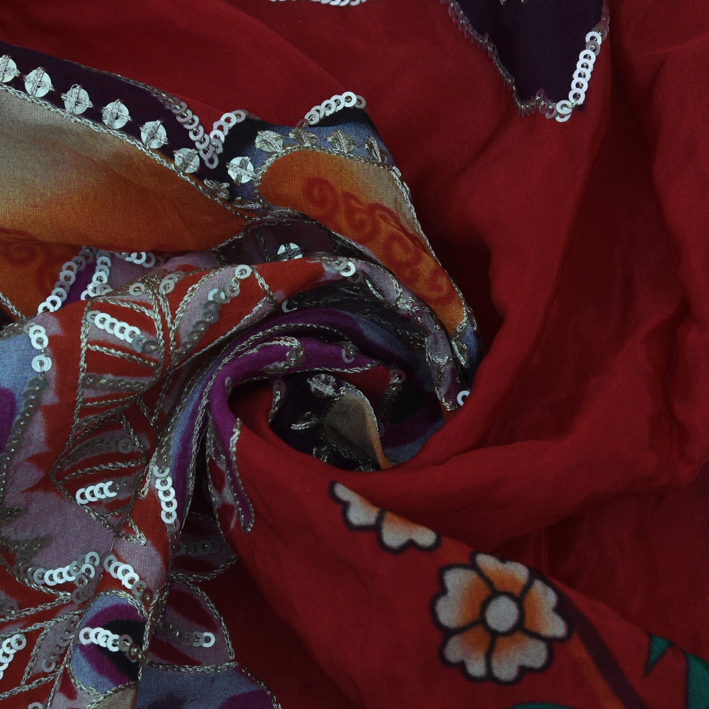 Red Color Crepe Position Print Embroidery Fabric