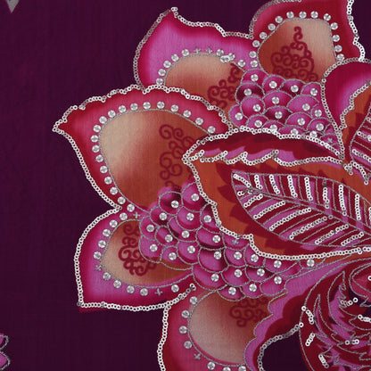 Purple Color Crepe Position Print Embroidery Fabric