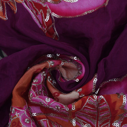 Purple Color Crepe Position Print Embroidery Fabric