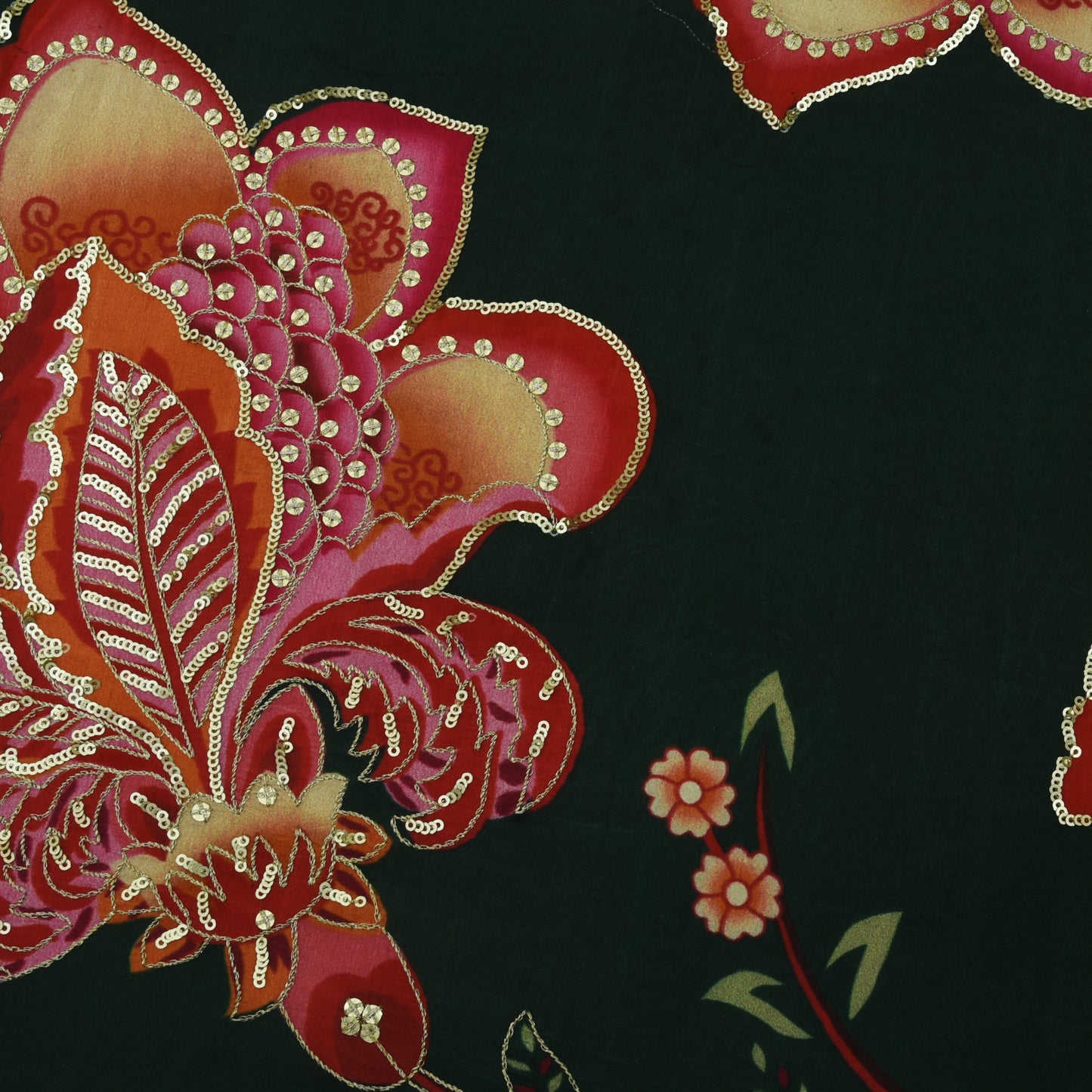 Green Color Crepe Position Print Embroidery Fabric