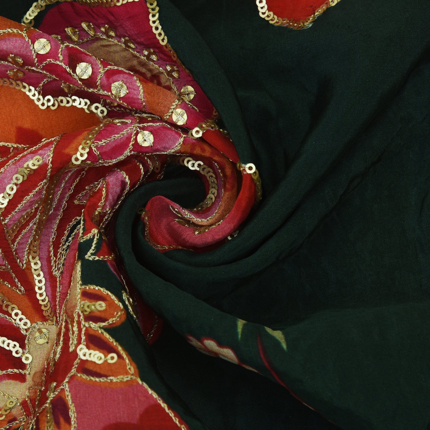 Green Color Crepe Position Print Embroidery Fabric