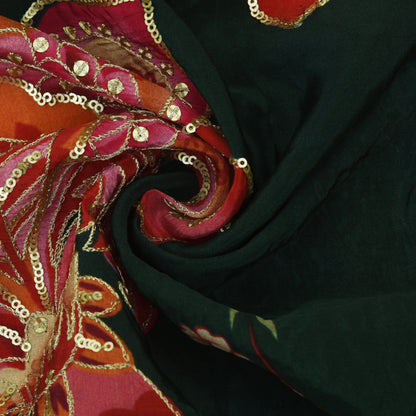 Green Color Crepe Position Print Embroidery Fabric