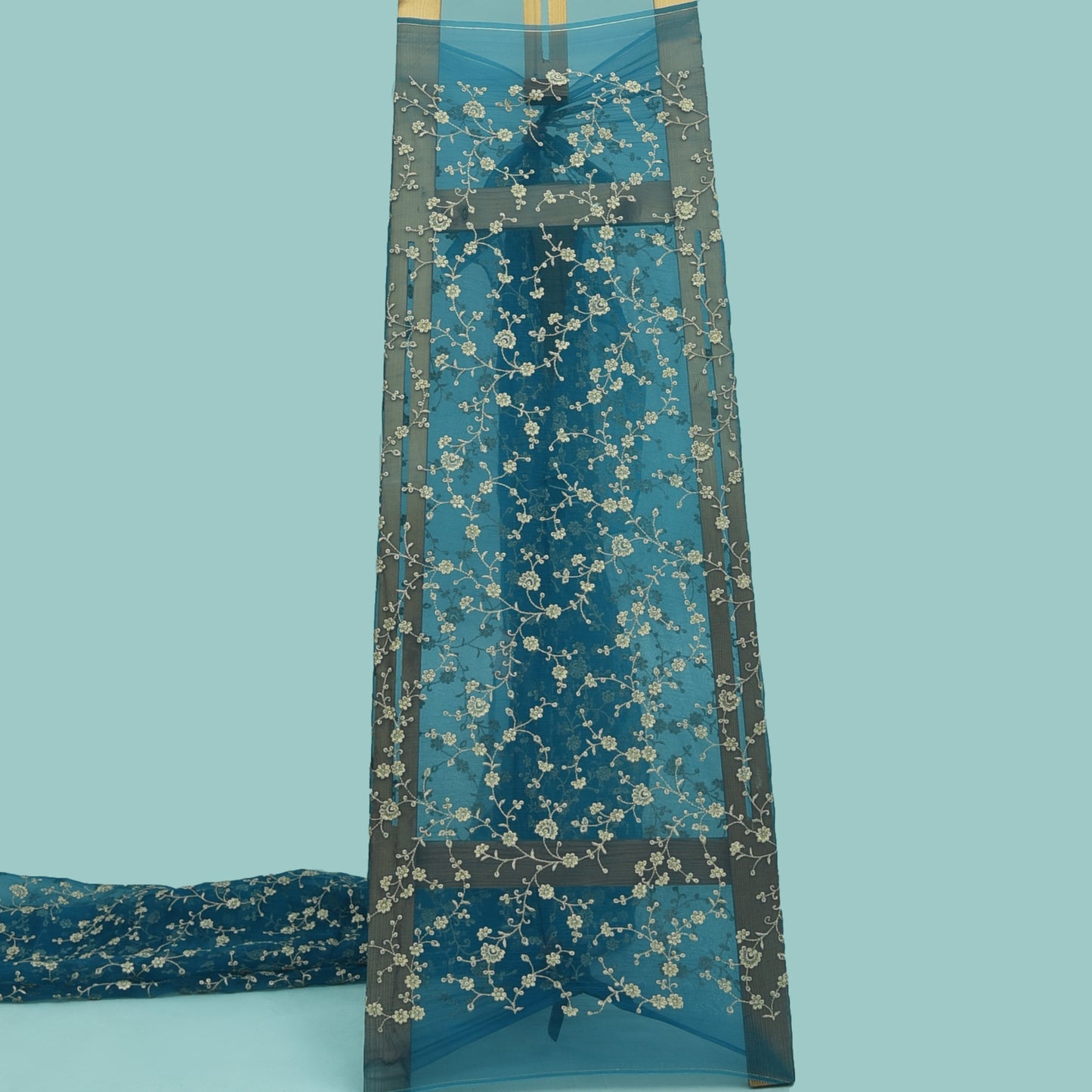 Teal Blue Color Organza Embroidery Fabric