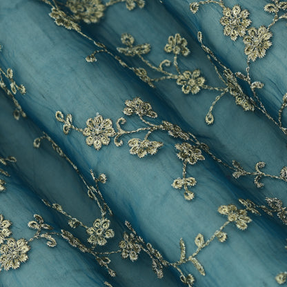 Teal Blue Color Organza Embroidery Fabric