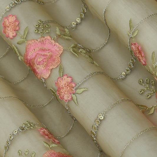 Beige Color Organza Embroidery Fabric