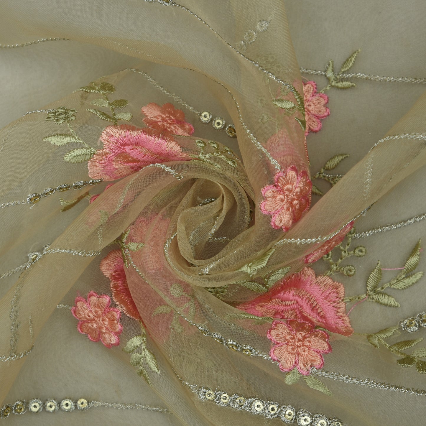 Beige Color Organza Embroidery Fabric