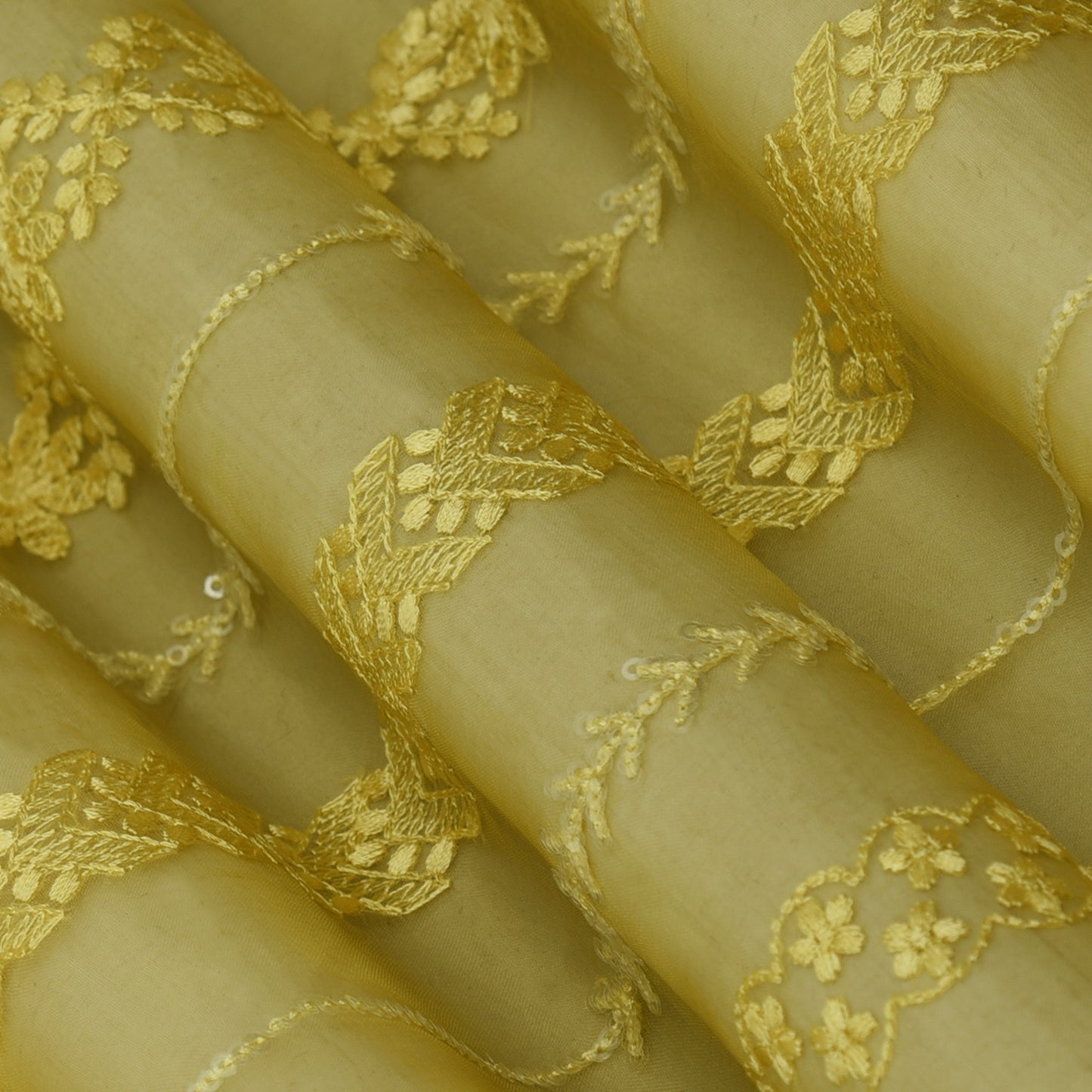 Mustard Color Organza Embroidery Fabric