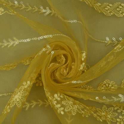 Mustard Color Organza Embroidery Fabric