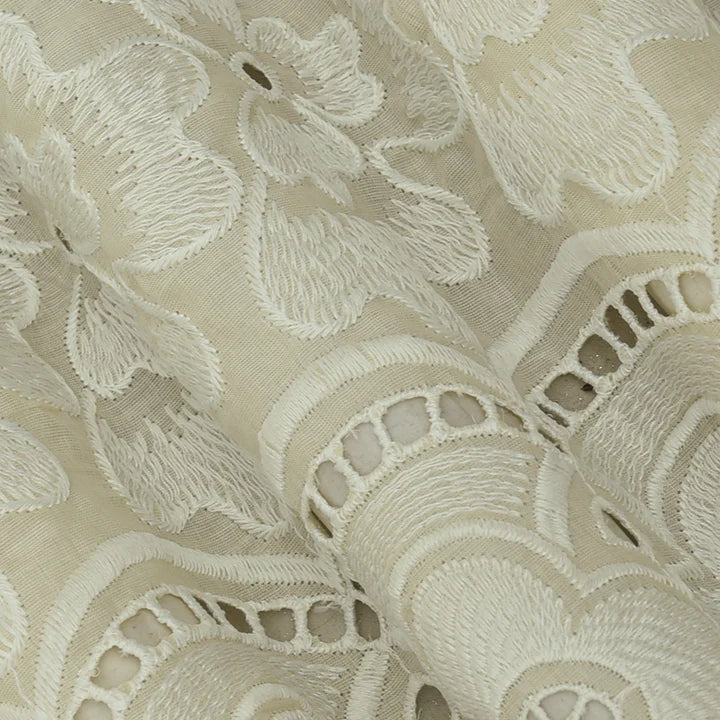 Cream Color Cotton Chikan Embroidery Fabric (Cut Pieces 2Mtr)