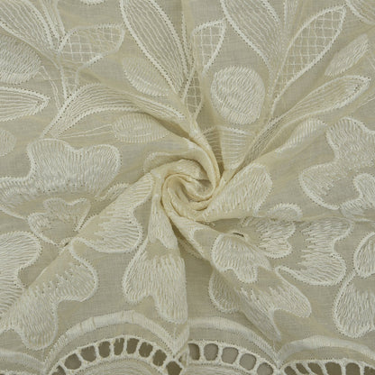 Cream Color Cotton Chikan Embroidery Fabric (Cut Pieces 2Mtr)