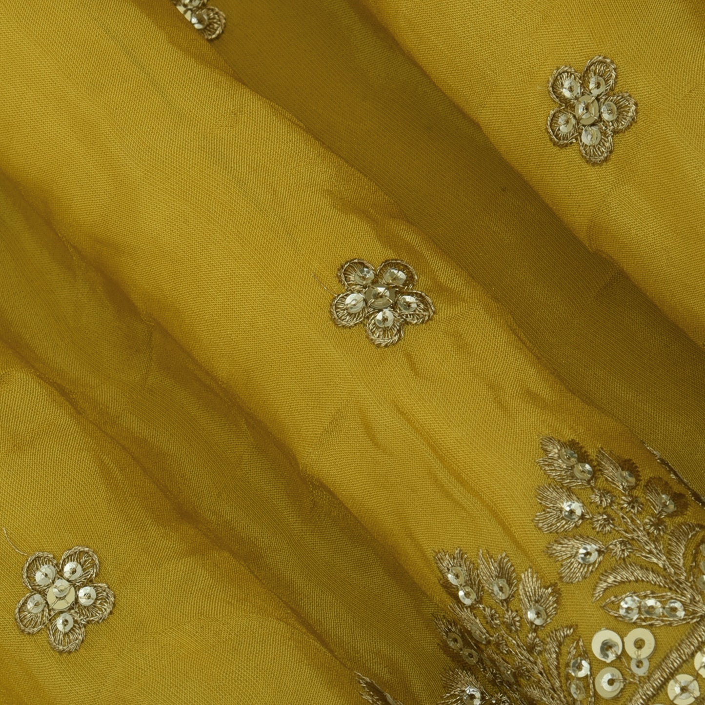 Mustard Color Tissue Embroidery Fabric