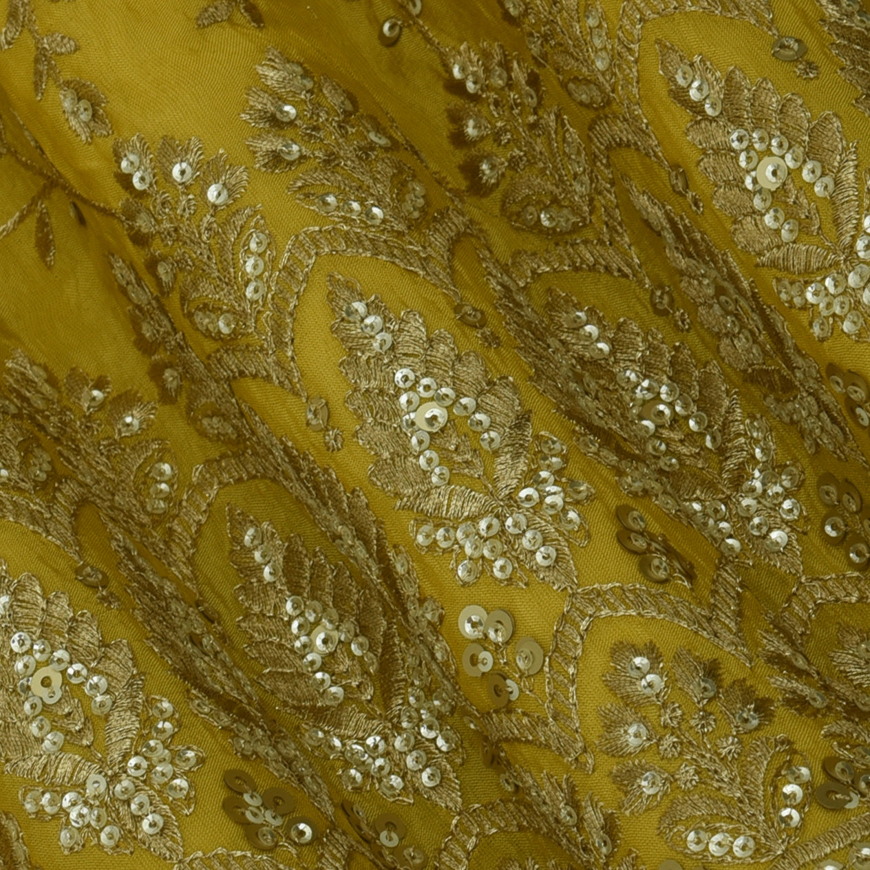 Mustard Color Tissue Embroidery Fabric