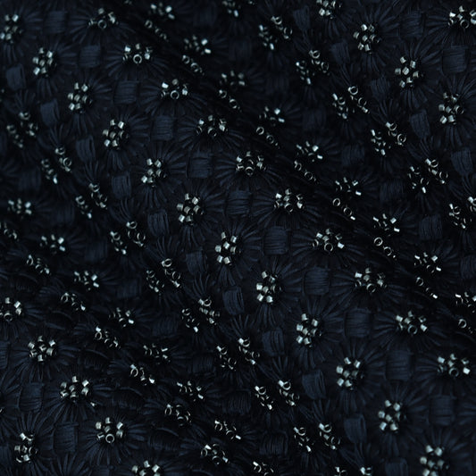 Navy Blue Color Slub Silk Embroidery Fabric
