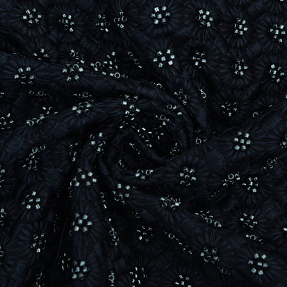 Navy Blue Color Slub Silk Embroidery Fabric