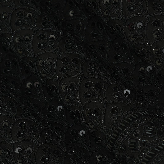 Black Color Slub Silk Embroidery Fabric