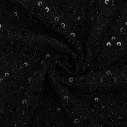 Black Color Slub Silk Embroidery Fabric