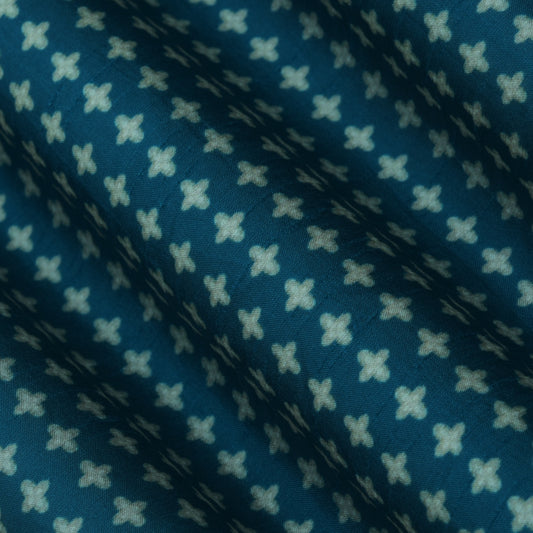 Teal Blue Color Slub Silk Print Fabric