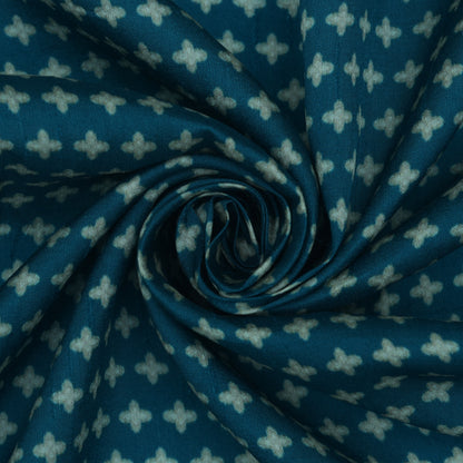 Teal Blue Color Slub Silk Print Fabric