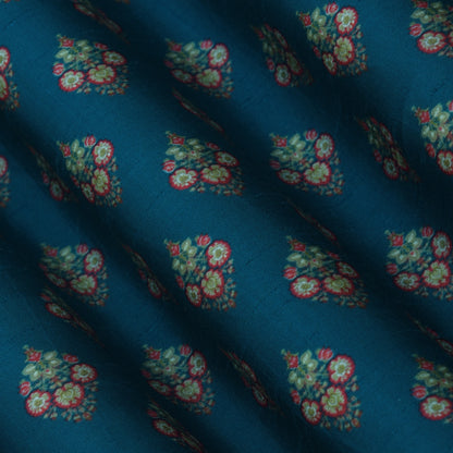 Teal Blue Color Slub Silk Print Fabric