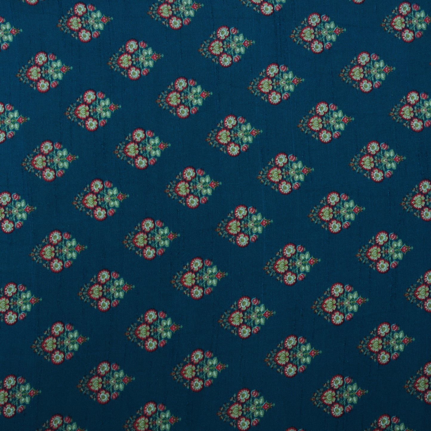 Teal Blue Color Slub Silk Print Fabric