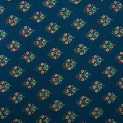 Teal Blue Color Slub Silk Print Fabric