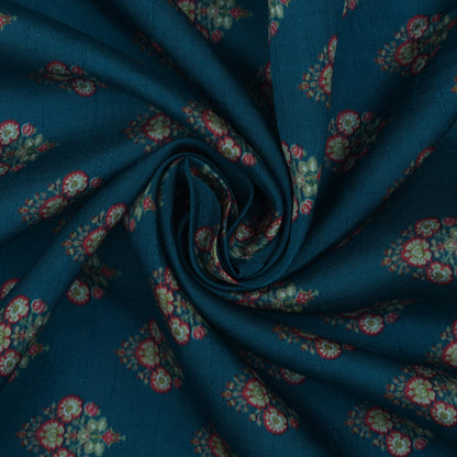 Teal Blue Color Slub Silk Print Fabric