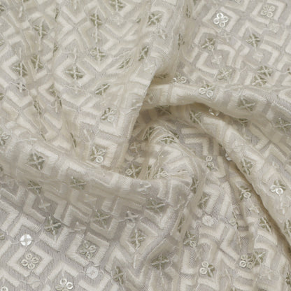 White Color Slub Silk Embroidery Fabric