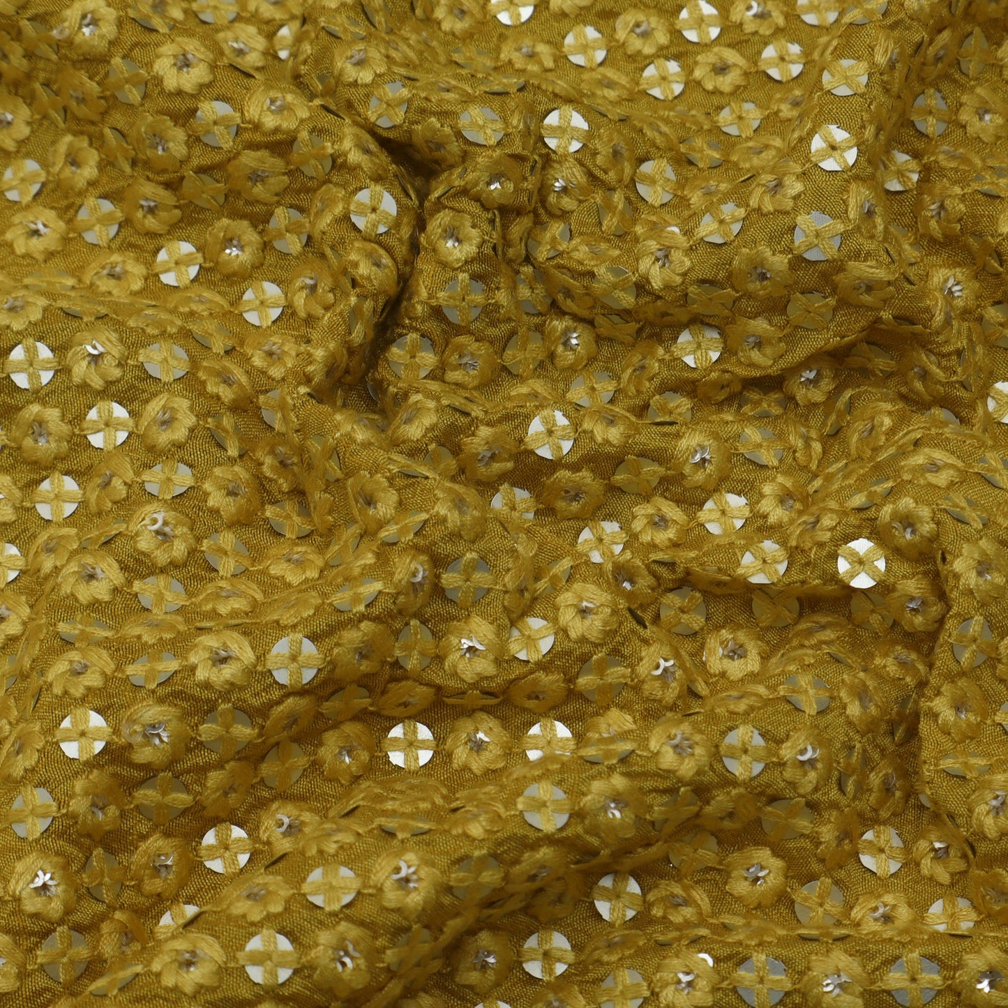 Yellow Color Slub Silk Embroidery Fabric