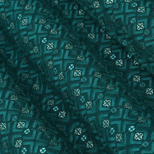 Rama Green Color Slub Silk Embroidery Fabric