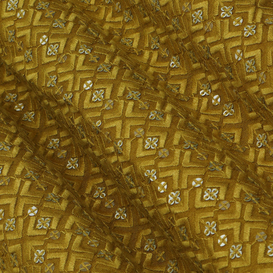 Yellow Color Slub Silk Embroidery Fabric