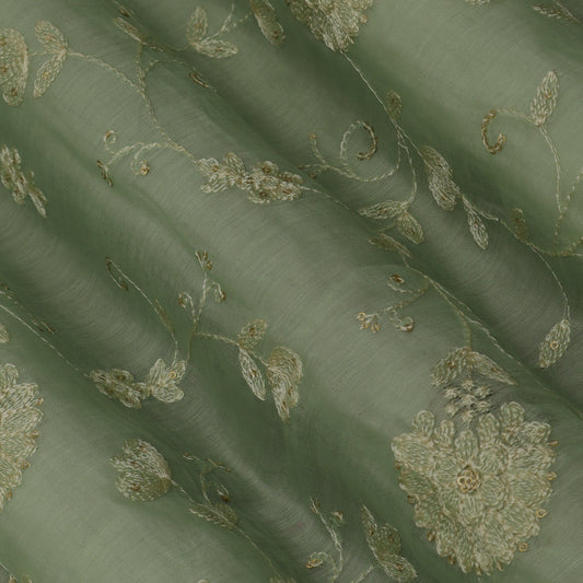 Sea Green Color Chanderi Embroidery Fabric