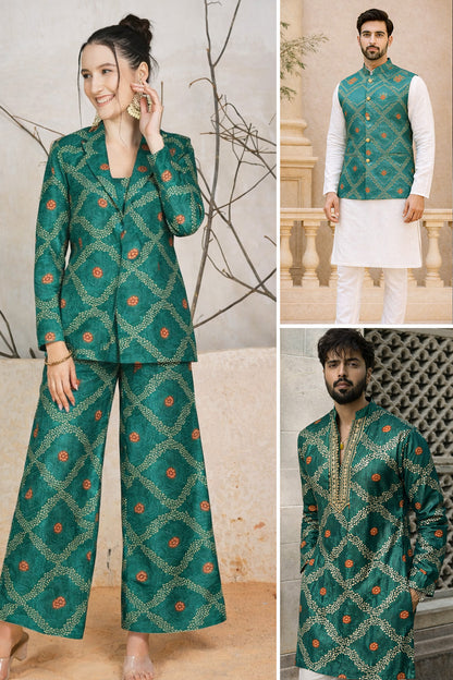 Teal Green Color Dupion Print Fabric