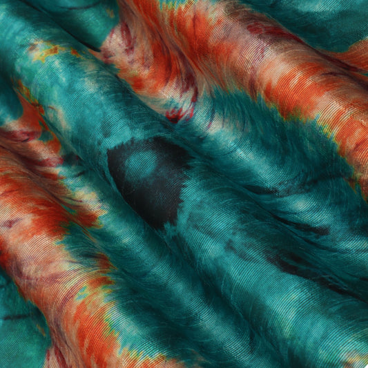 Teal Green Color Dupion Printed Fabric