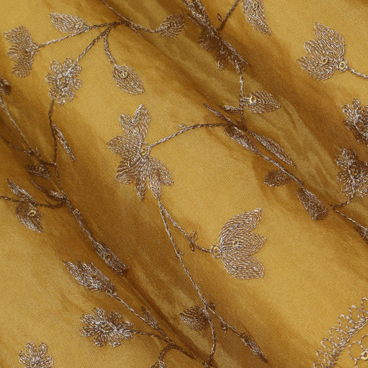 Yellow Color Tissue Zari Embroidery Fabric