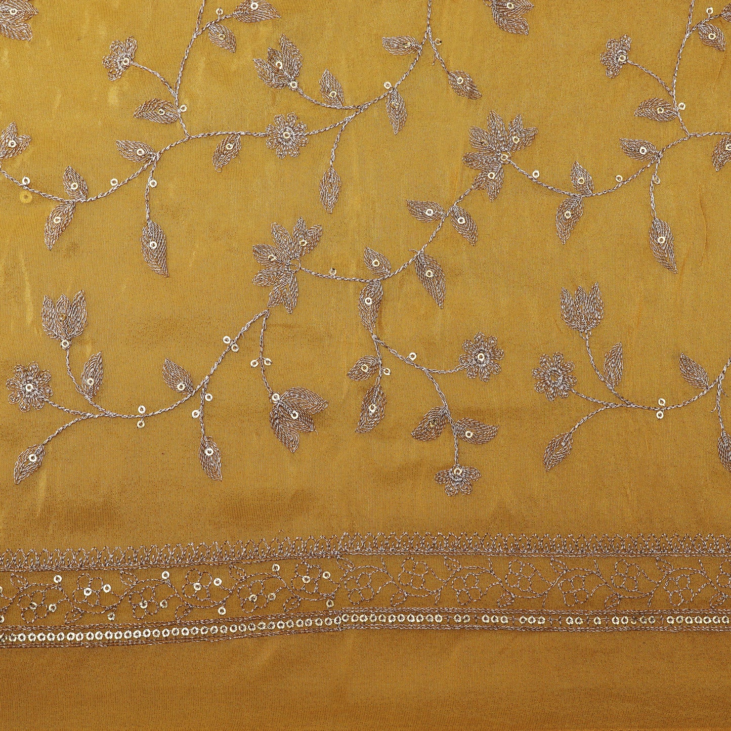 Yellow Color Tissue Zari Embroidery Fabric